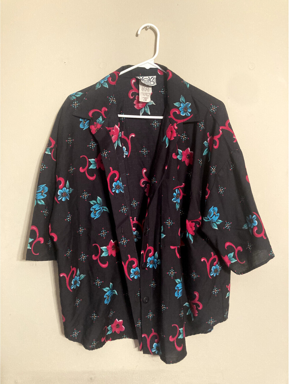 VINTAGE Box Office Top Women Black Pink Blue Button Up Blouse Colorful - size XL